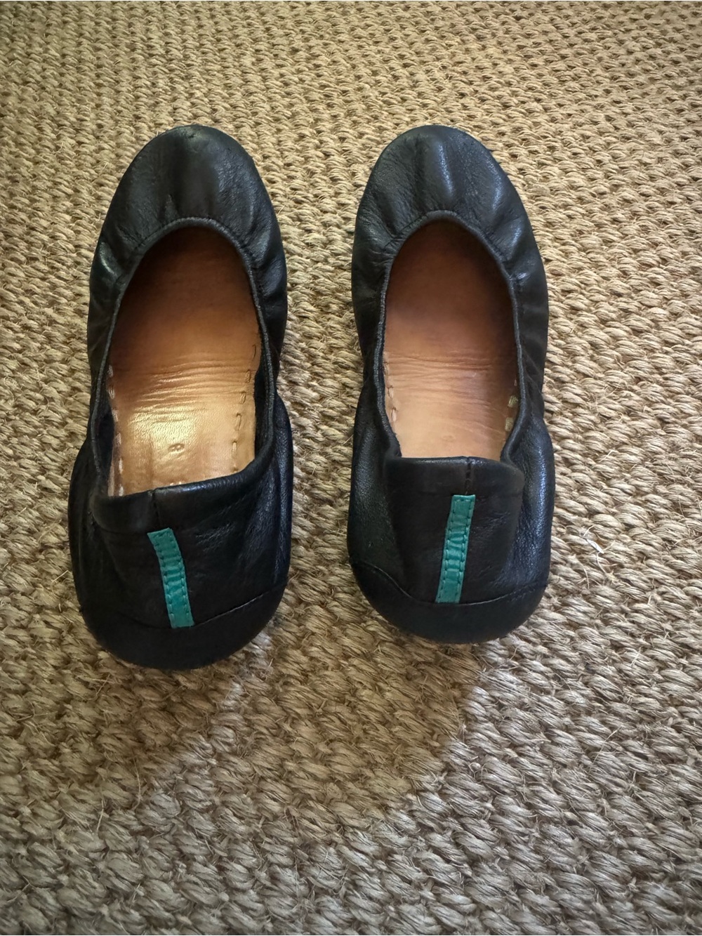 Tieks Black Leather Ballet Flats with Teal Pull Tab